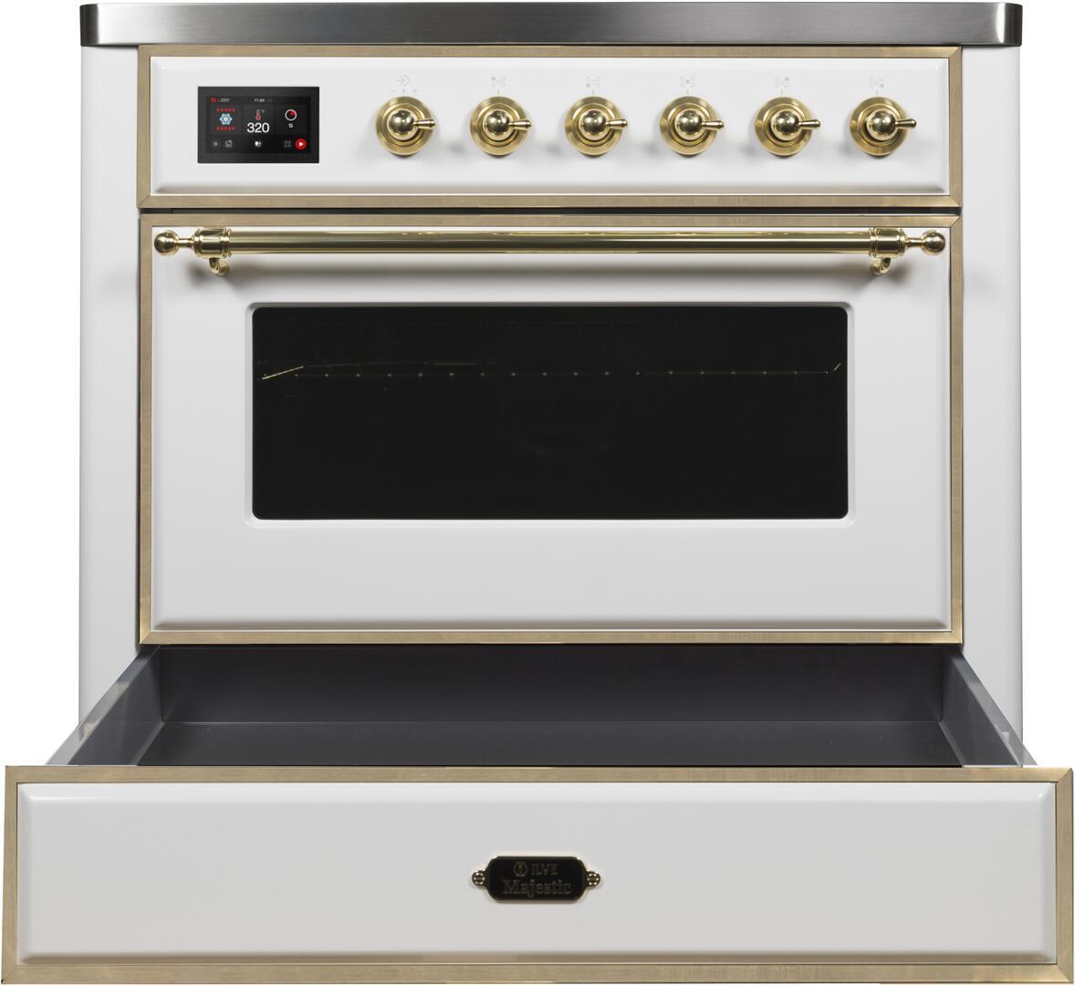 Majestic II 36 Inch Electric Freestanding Range in White with Brass Trim