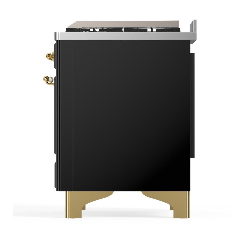 ILVE UM48FQNR3BKG Majestic III 48 inch Dual Fuel Range with 8 Burners and Griddle, Dual Function Burner up to 25,000 BTU (Natural Gas, Solid Door, Glossy Black, Brass)