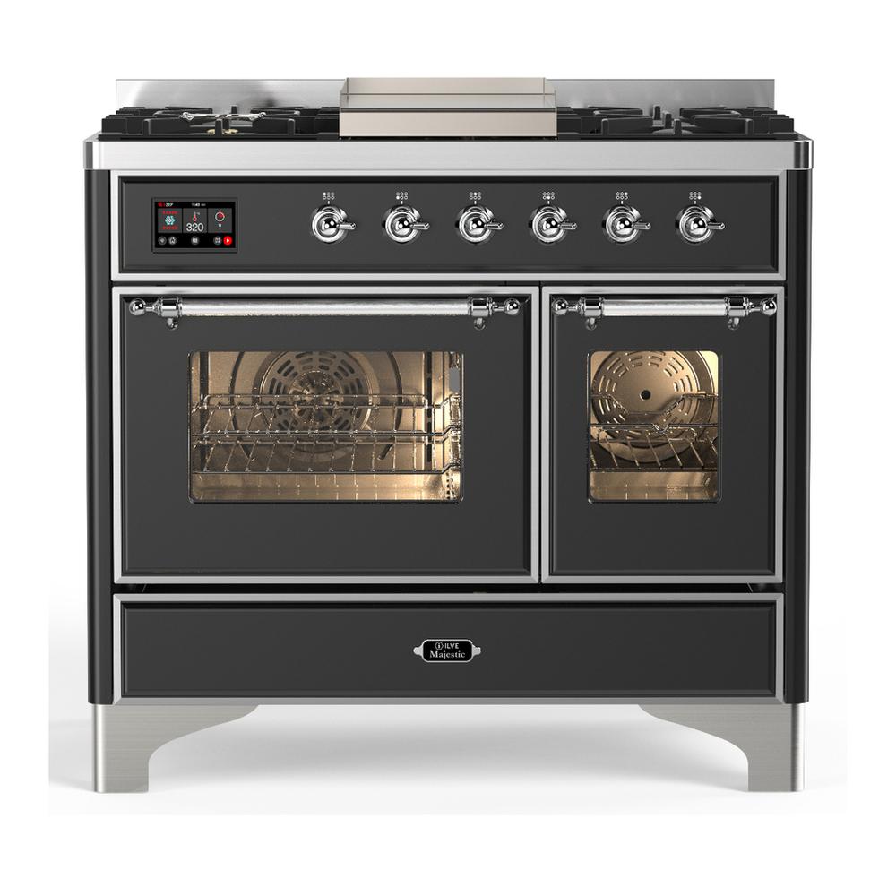 ILVE UMD40FNR3MGC Majestic III 40 inch Dual Fuel Range with 6 Burners and Griddle, Dual Function Burner up to 25,000 BTU (Natural Gas, Triple Glass Door, Graphite Matte, Chrome)