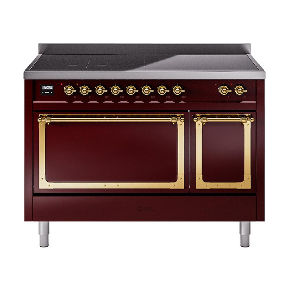 ILVE UNI486QNMPBUG Nostalgie II Noblesse 48 inch Induction Range (Solid Door, Burgundy, Brass)