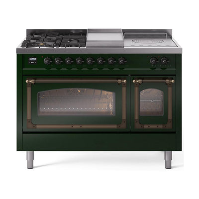 ILVE UN48FSNMPEGBLP Nostalgie II Noblesse 48 inch Dual Fuel Range (5 Sealed Burners + Griddle + French Top, Liquid Propane, Triple Glass Door, Emerald Green, Burnished)