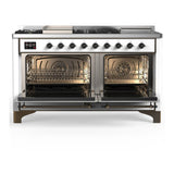 ILVE UM60FSNR3WHB Majestic III 60 inch Dual Fuel Range with 7 Burners, Griddle and French Top, Dual Function Burner with up to 25,000 BTU (Natural Gas, Triple Glass Door, White, Burnished)