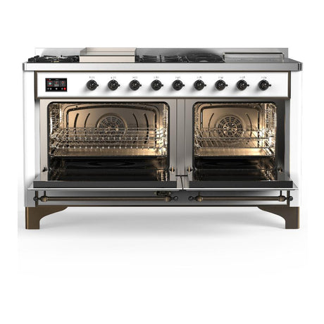 ILVE UM60FSNR3WHB Majestic III 60 inch Dual Fuel Range with 7 Burners, Griddle and French Top, Dual Function Burner with up to 25,000 BTU (Natural Gas, Triple Glass Door, White, Burnished)