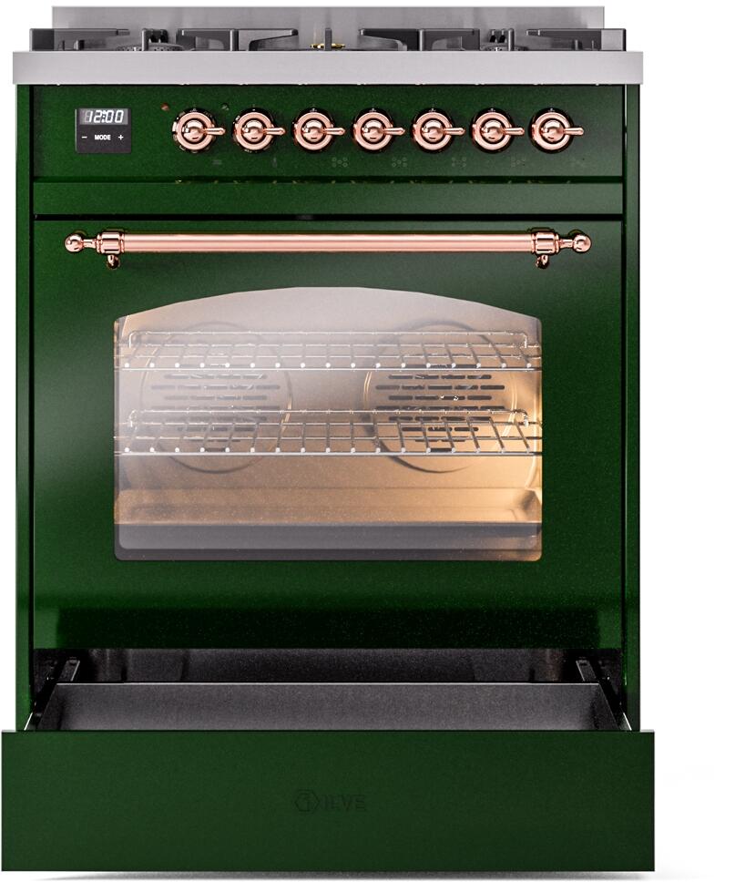 Nostalgie II 30 Inch Dual Fuel Natural Gas Freestanding Range in Emerald Green with Copper Trim