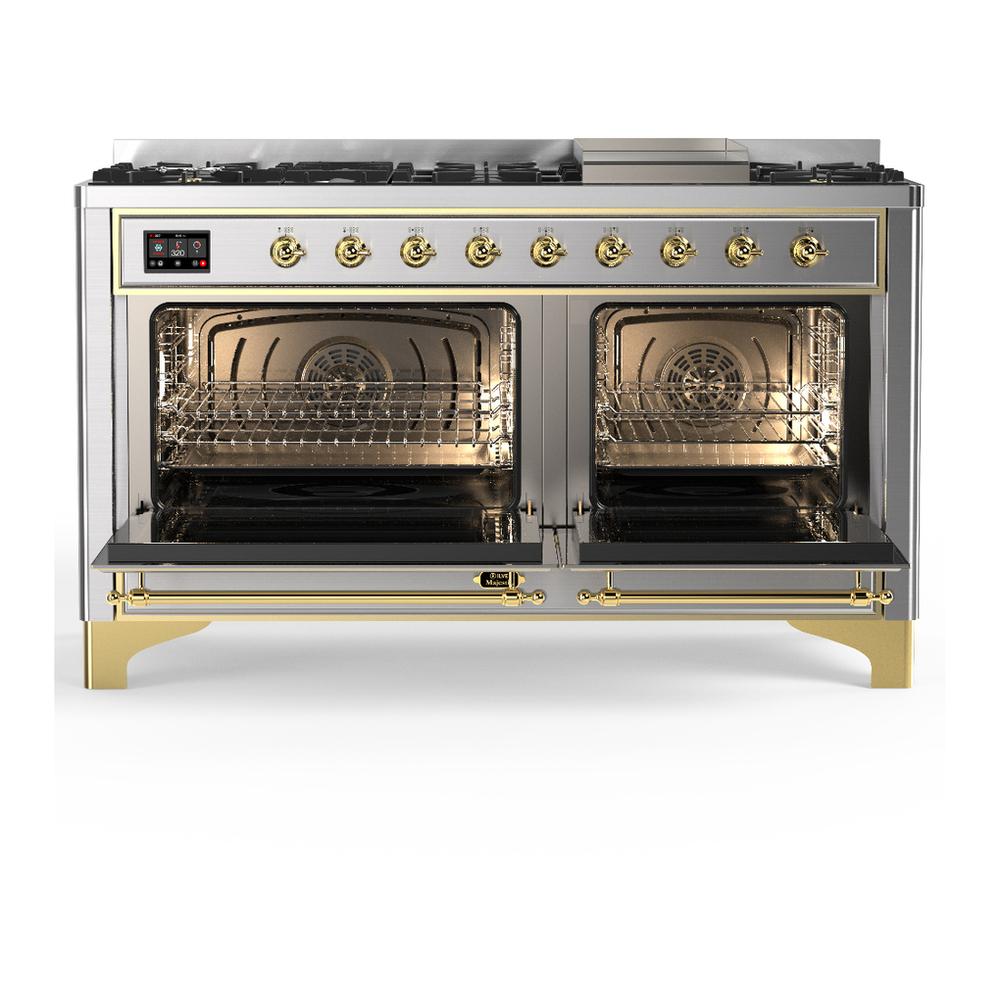 ILVE UM60FQNR3SSGLP Majestic III 60 inch Dual Fuel Range with 9 Burners and Griddle, Dual Function Burner up to 25,000 BTU (Liquid Propane, Solid Door, Stainless Steel, Brass)