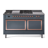ILVE UN60FSQNMPBGPLP Nostalgie II Noblesse 60 inch Dual Fuel Range (7 Sealed Burners + Griddle + French Top, Liquid Propane, Solid Door, Blue Grey, Copper)