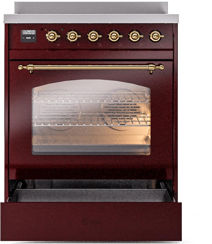 Nostalgie II 30 Inch Electric Freestanding Range in Burgundy with Brass Trim