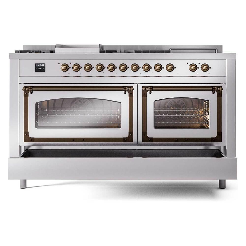 ILVE UN60FSNMPSSBLP Nostalgie II Noblesse 60 inch Dual Fuel Range (7 Sealed Burners + Griddle + French Top, Liquid Propane, Triple Glass Door, Stainless Steel, Burnished)