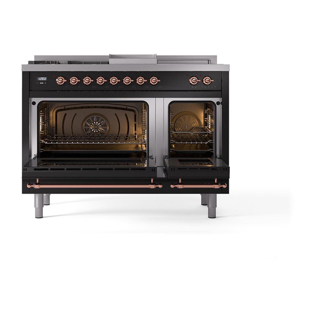 ILVE UN48FSQNMPBKP Nostalgie II Noblesse 48 inch Dual Fuel Range (5 Sealed Burners + Griddle + French Top, Natural Gas, Solid Door, Glossy Black, Copper)