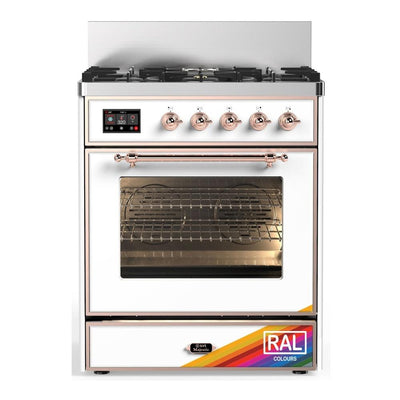 ILVE UM30NR3RAPLP Majestic III 30 inch Dual Fuel Range with 5 Black Brass Burners, Dual Function Burner up to 25,000 BTU (Liquid Propane, Triple Glass Door, RAL, Copper)