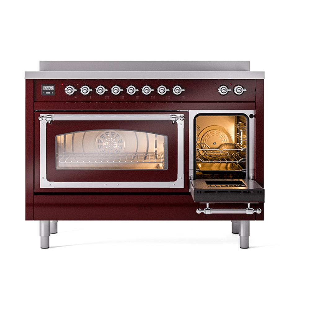 ILVE UNI486NMPBUC Nostalgie II Noblesse 48 inch Induction Range (Triple Glass Door, Burgundy, Chrome)