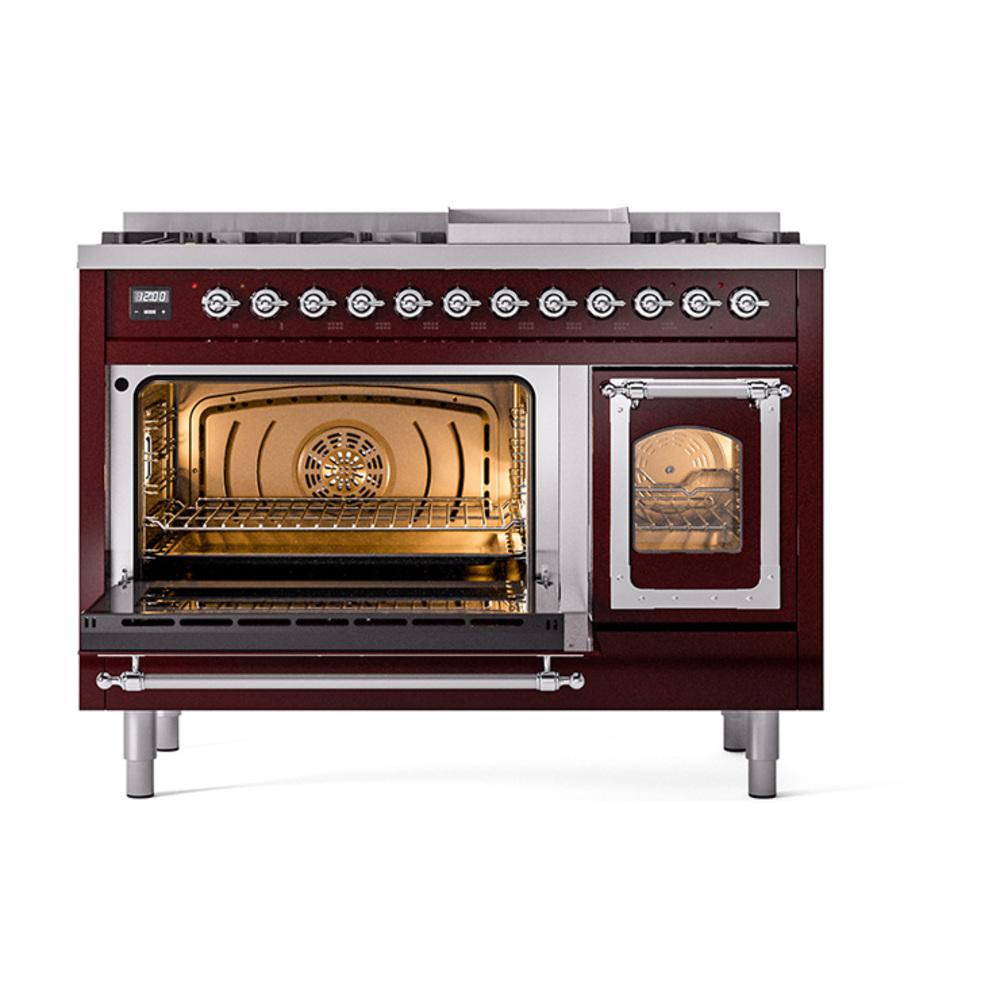ILVE UN48FNMPBUC Nostalgie II Noblesse 48 inch Dual Fuel Range (8 Sealed Burners + Griddle, Natural Gas, Triple Glass Door, Burgundy, Chrome)