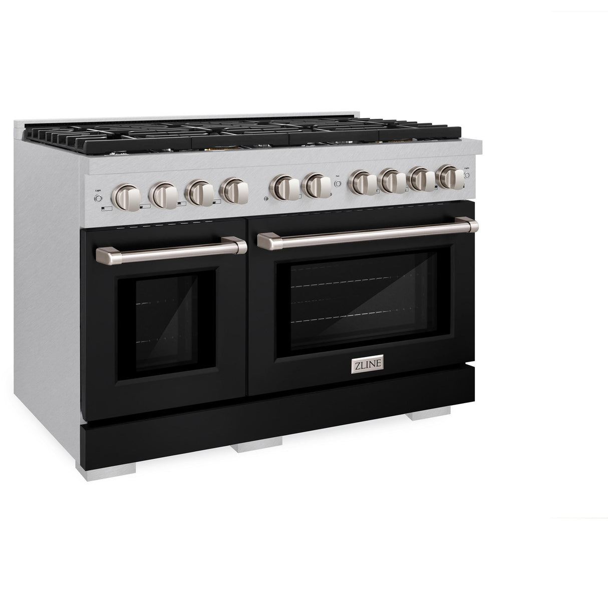 ZLINE 48 in. 6.7 cu. ft. 8 Burner Double Oven Gas Range in DuraSnow' Stainless Steel with Black Matte Doors (SGRS-BLM-48)