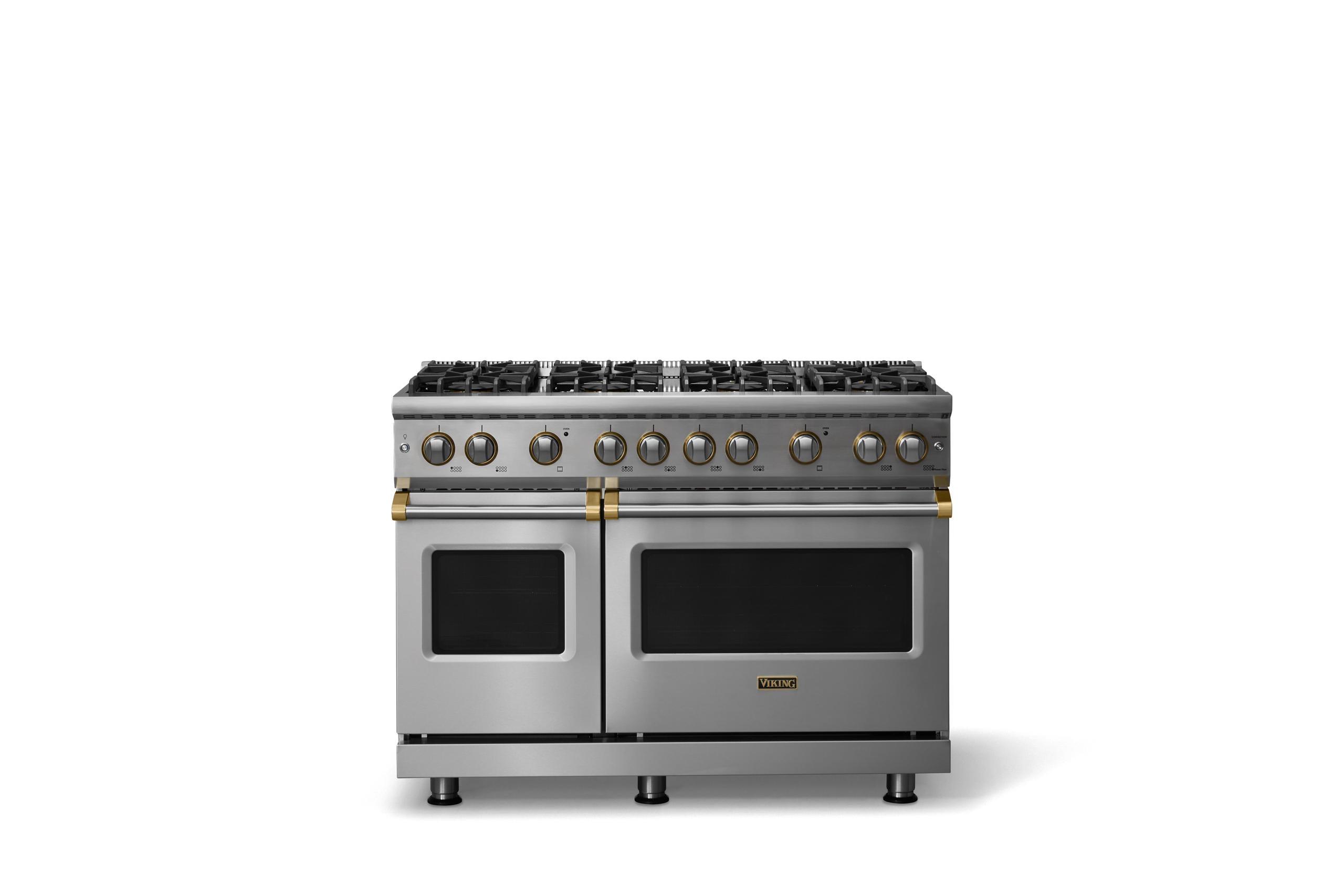 48"W. Sealed Burner Gas Range (Burner: 8b, Finish: Stainless Steel, Trim: Brushed Brass, Fuel: Propane)