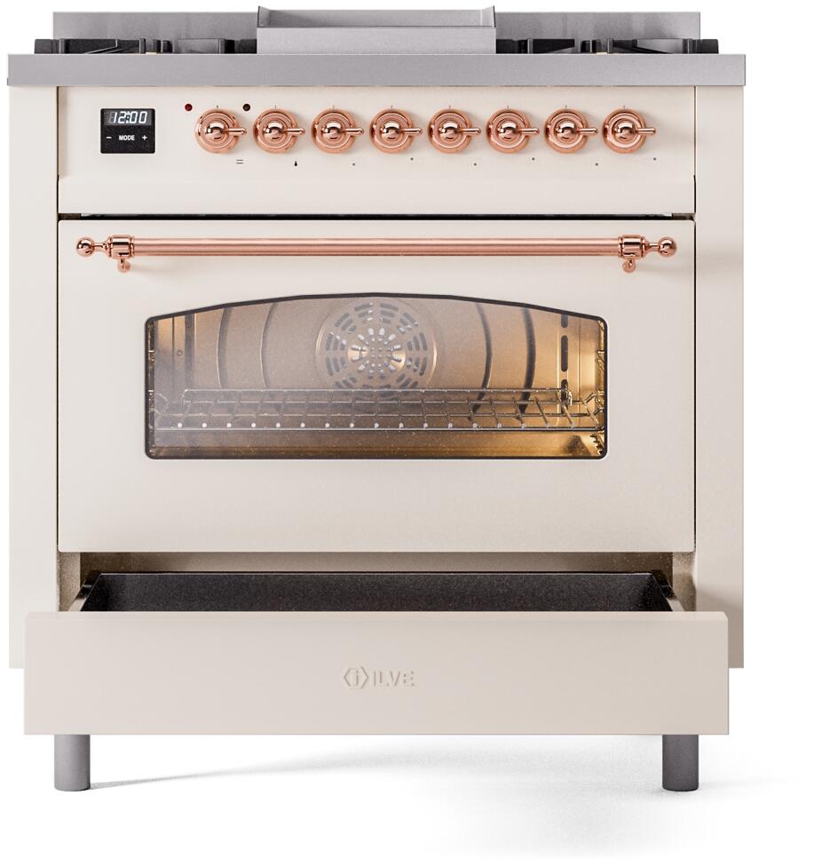 Nostalgie II 36 Inch Dual Fuel Liquid Propane Freestanding Range in Antique White with Copper Trim