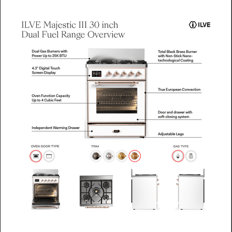 ILVE UM30QNR3WHG Majestic III 30 inch Dual Fuel Range with 5 Black Brass Burners, Dual Function Burner up to 25,000 BTU (Natural Gas, Solid Door, White, Brass)