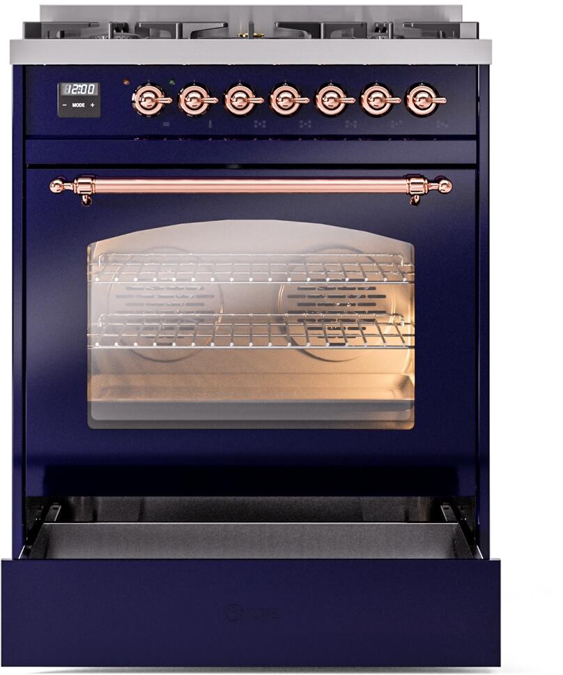 Nostalgie II 30 Inch Dual Fuel Liquid Propane Freestanding Range in Blue with Copper Trim