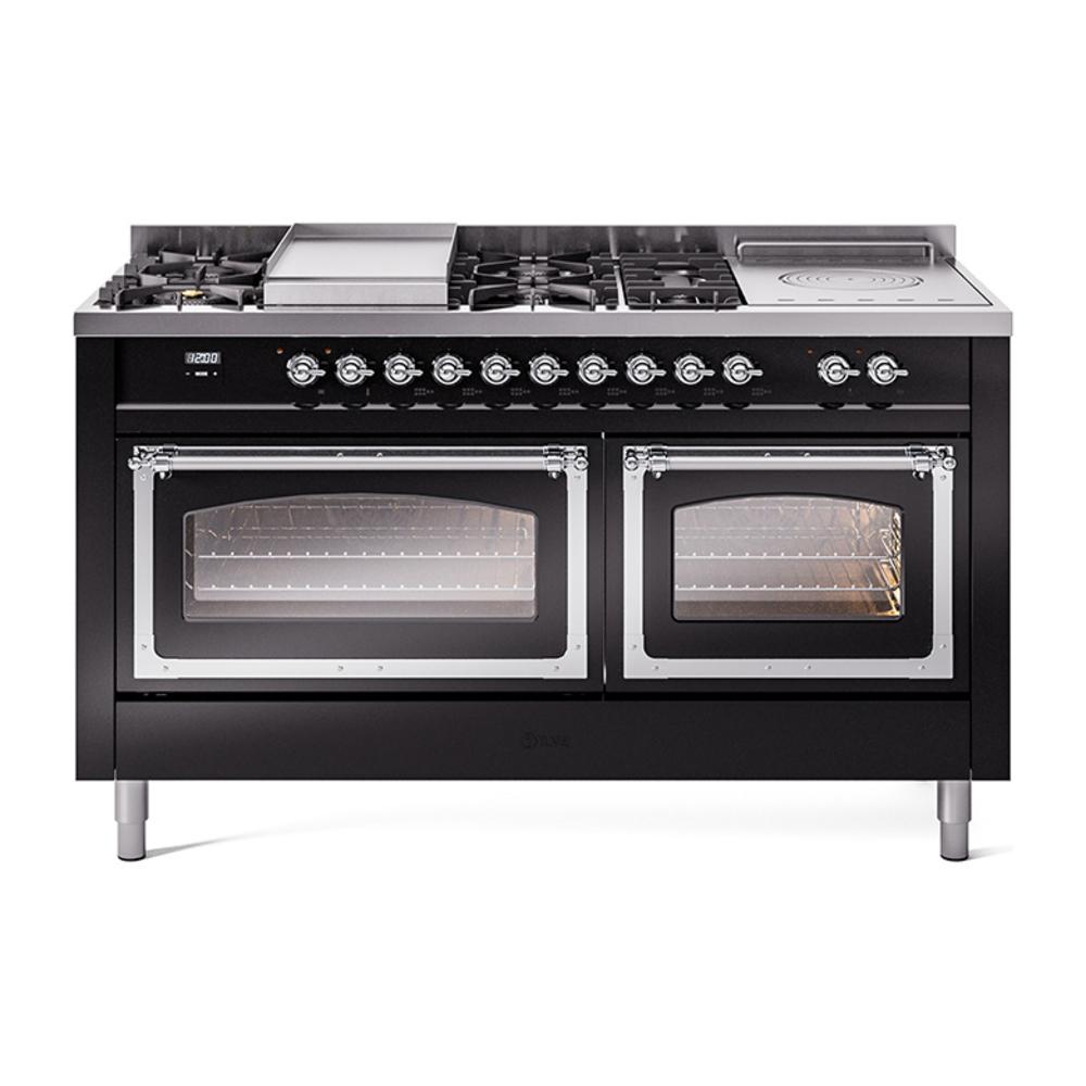 ILVE UN60FSNMPBKCLP Nostalgie II Noblesse 60 inch Dual Fuel Range (7 Sealed Burners + Griddle + French Top, Liquid Propane, Triple Glass Door, Glossy Black, Chrome)