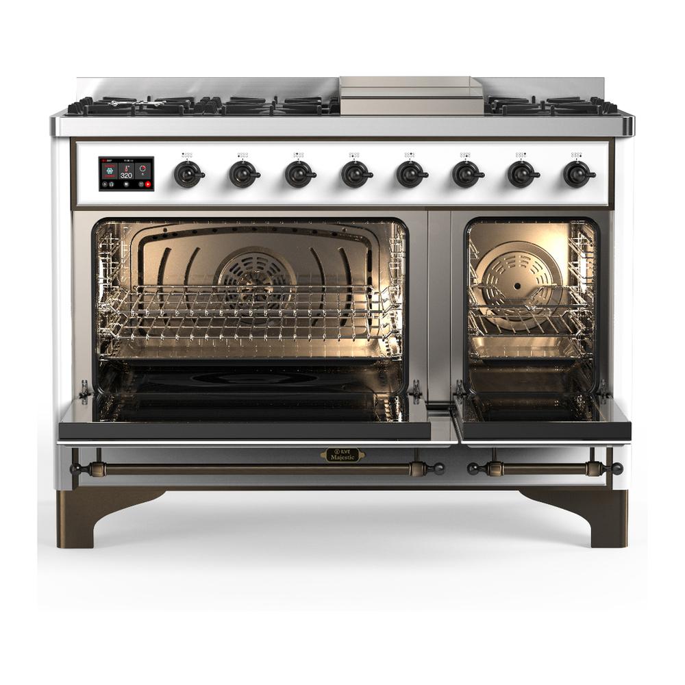 ILVE UM48FNR3WHB Majestic III 48 inch Dual Fuel Range with 8 Burners and Griddle, Dual Function Burner up to 25,000 BTU (Natural Gas, Triple Glass Door, White, Burnished)