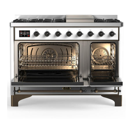 ILVE UM48FNR3WHB Majestic III 48 inch Dual Fuel Range with 8 Burners and Griddle, Dual Function Burner up to 25,000 BTU (Natural Gas, Triple Glass Door, White, Burnished)