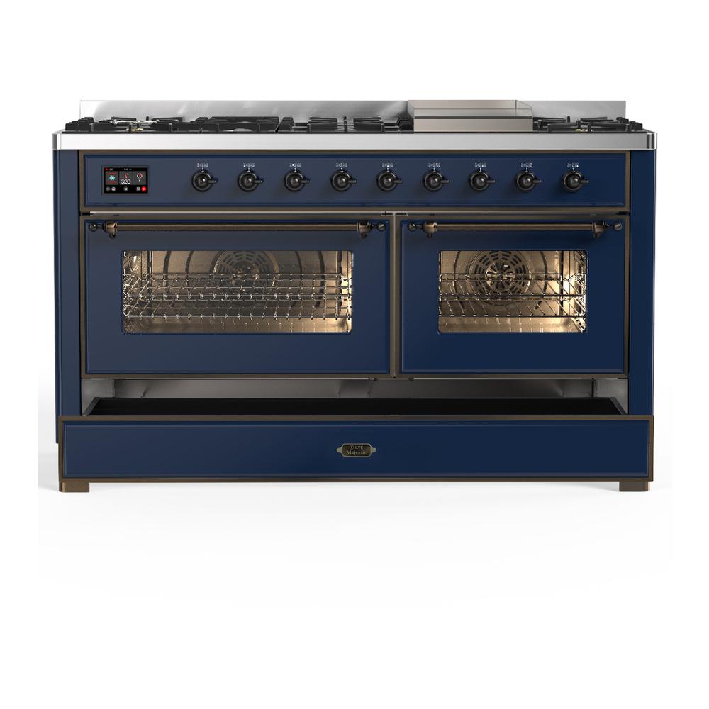 ILVE UM60FNR3MBBLP Majestic III 60 inch Dual Fuel Range with 9 Burners and Griddle, Dual Function Burner up to 25,000 BTU (Liquid Propane, Triple Glass Door, Midnight Blue, Burnished)