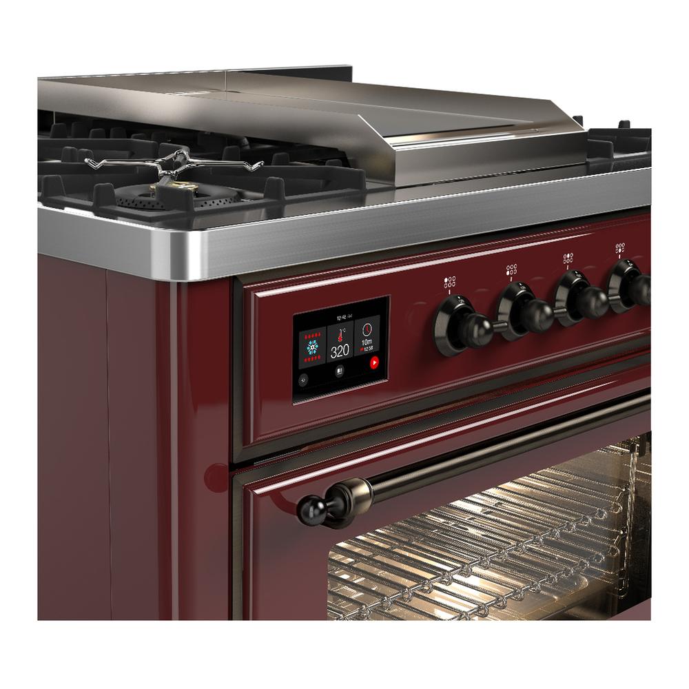 ILVE UM36FNR3BUB Majestic III 36 inch Dual Fuel Range with 6 Black Brass Burners and Griddle, Dual Function Burner up to 25,000 BTU (Triple Glass Door, Burgundy, Burnished, Natural Gas)