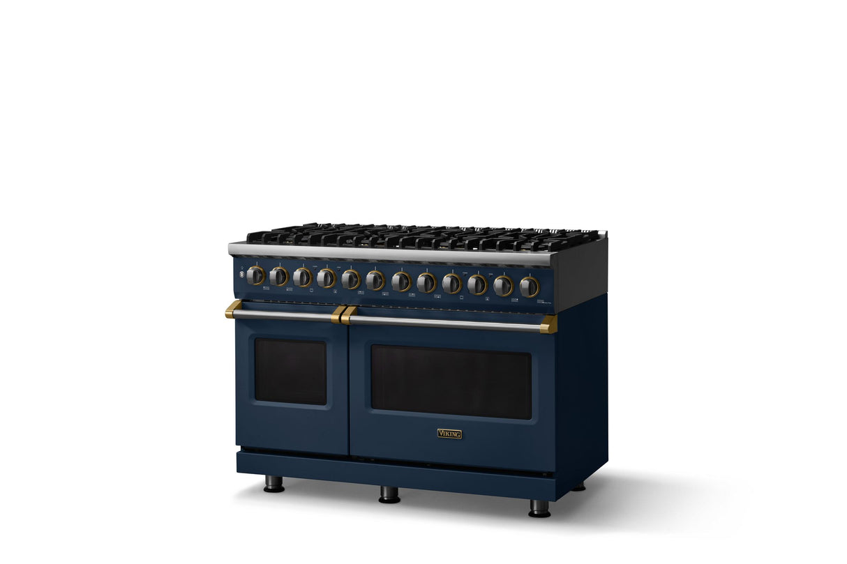 48"W. Dual Fuel Range (Burner: 8b, Finish: Slate Blue, Trim: Brushed Brass, Fuel: Natural Gas)