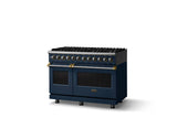 48"W. Dual Fuel Range (Burner: 8b, Finish: Slate Blue, Trim: Brushed Brass, Fuel: Propane)