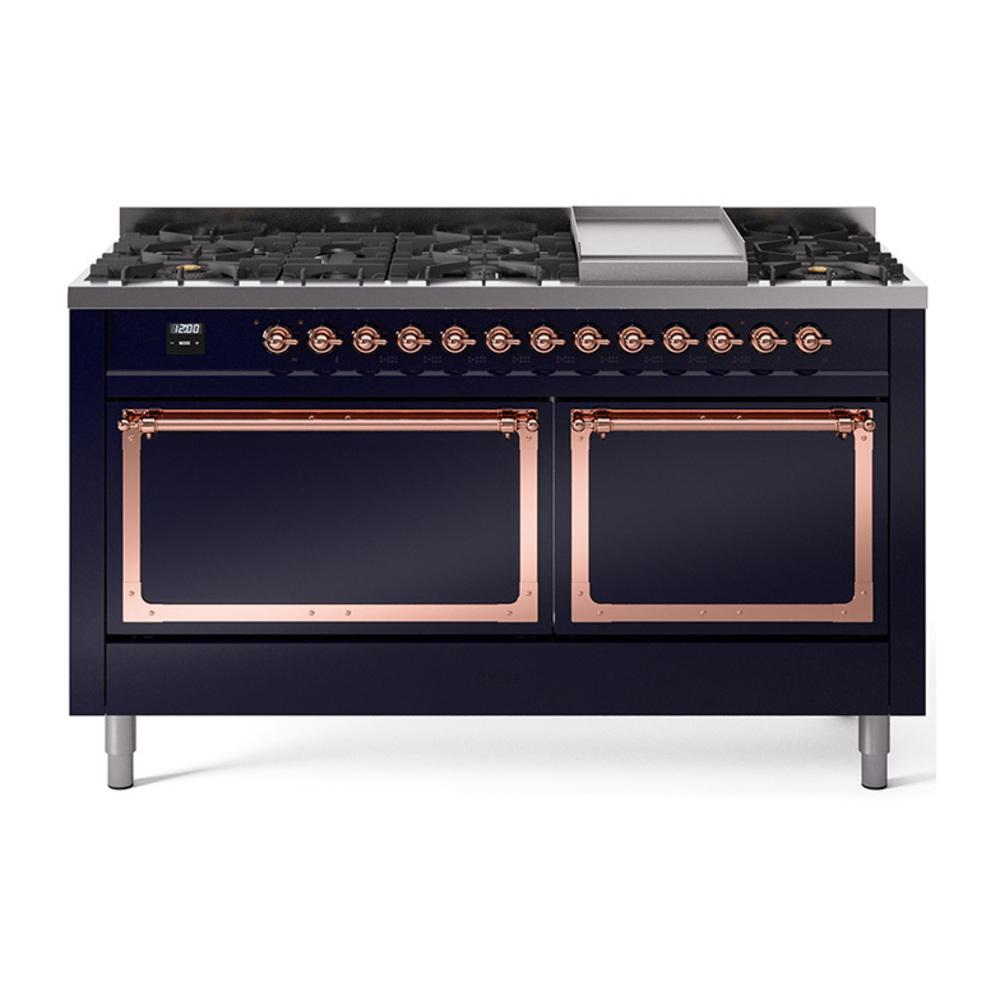 ILVE UN60FQNMPMBP Nostalgie II Noblesse 60 inch Dual Fuel Range (9 Sealed Burners + Griddle, Natural Gas, Solid Door, Midnight Blue, Copper)