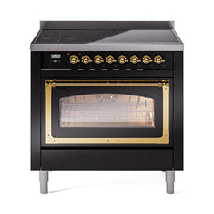 ILVE UNI366NMPBKG Nostalgie II Noblesse 36 inch Induction Range (Triple Glass Door, Glossy Black, Brass)