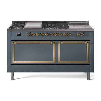 ILVE UN60FSQNMPBGGLP Nostalgie II Noblesse 60 inch Dual Fuel Range (7 Sealed Burners + Griddle + French Top, Liquid Propane, Solid Door, Blue Grey, Brass)