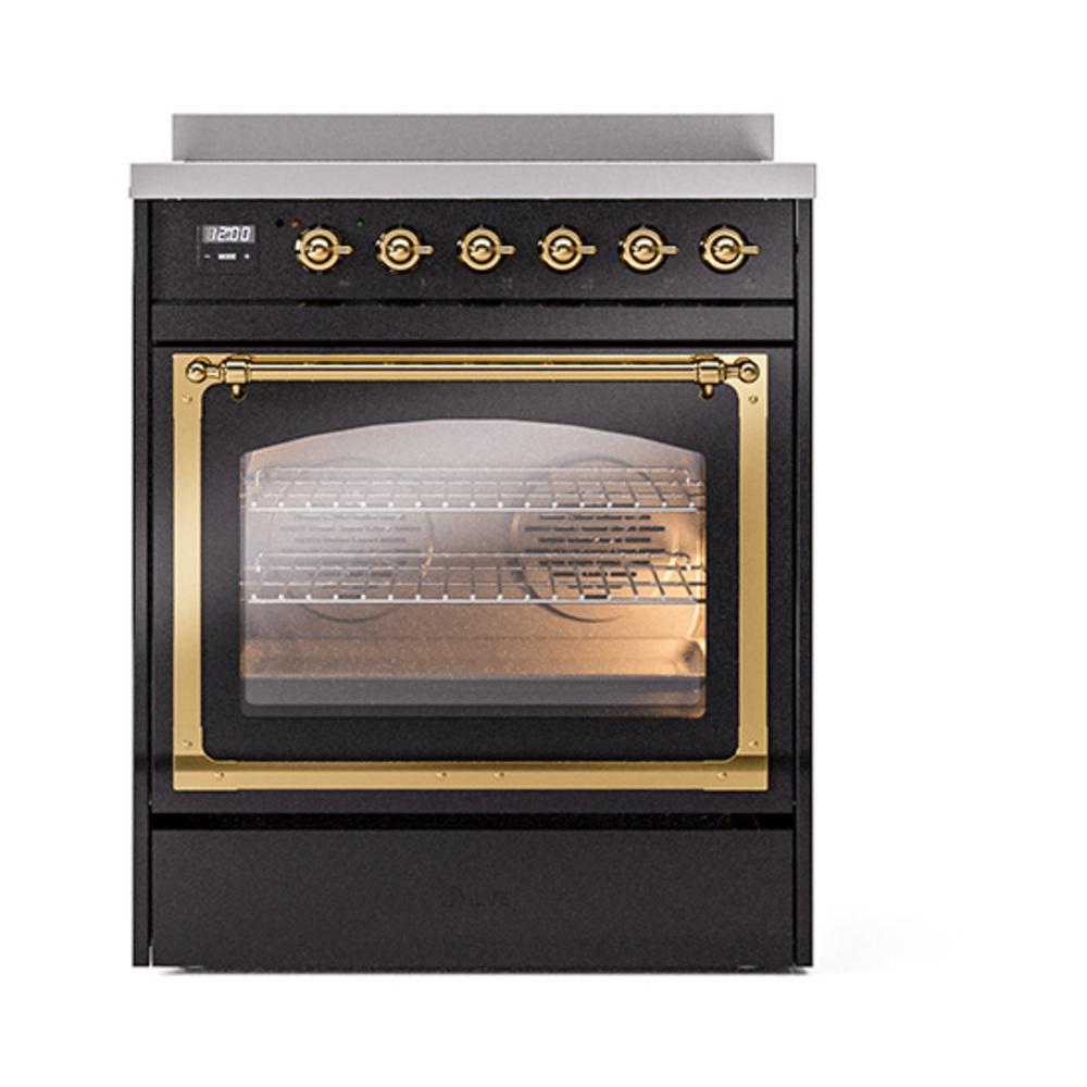 ILVE UNI304NMPBKG Nostalgie II Noblesse 30 inch Induction Range (Triple Glass Door, Glossy Black, Brass)