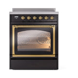 ILVE UNI304NMPBKG Nostalgie II Noblesse 30 inch Induction Range (Triple Glass Door, Glossy Black, Brass)