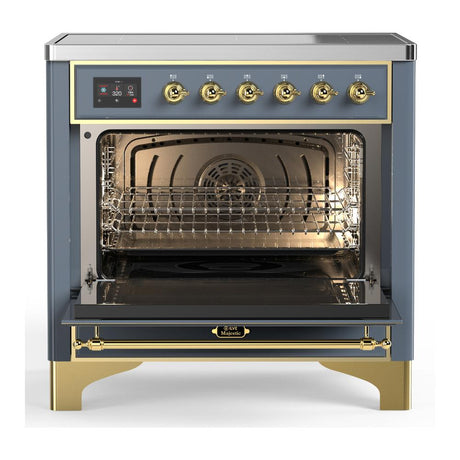 ILVE UMIB36NR3BGG Majestic III 36 inch Induction Range with 6 Elements, 3.5 cu. ft. Total Oven Capacity (Triple Glass Door, Blue Grey, Brass)