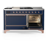 ILVE UM60FSQNR3MBPLP Majestic III 60 inch Dual Fuel Range with 7 Burners, Griddle and French Top, Dual Function Burner with up to 25,000 BTU (Liquid Propane, Solid Door, Midnight Blue, Copper)
