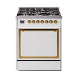 ILVE UN30QNMPWHG Nostalgie II Noblesse 30 inch Dual Fuel Range (Natural Gas, Solid Door, White, Brass)