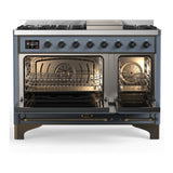 ILVE UM48FQNR3BGB Majestic III 48 inch Dual Fuel Range with 8 Burners and Griddle, Dual Function Burner up to 25,000 BTU (Natural Gas, Solid Door, Blue Grey, Burnished)