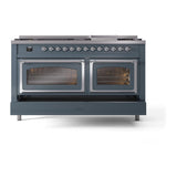 ILVE UN60FNMPBGC Nostalgie II Noblesse 60 inch Dual Fuel Range (9 Sealed Burners + Griddle, Natural Gas, Triple Glass Door, Blue Grey, Chrome)
