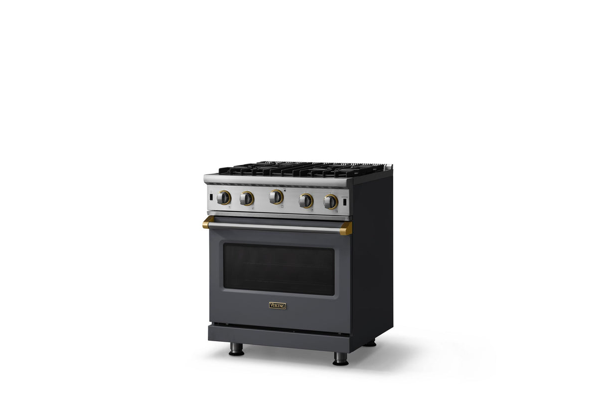 30"W. Open Burner Gas Range (Finish: Cast Black, Trim: Brushed Brass, Fuel: Natural Gas)