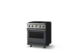 30"W. Open Burner Gas Range (Finish: Cast Black, Trim: Brushed Brass, Fuel: Natural Gas)