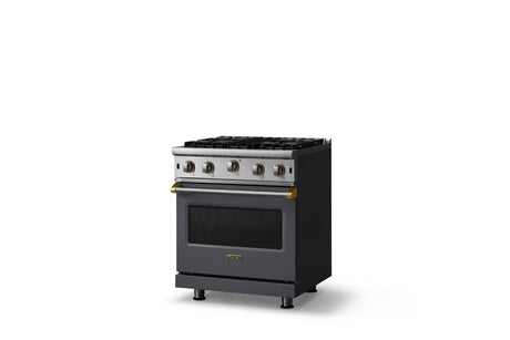 30"W. Open Burner Gas Range (Finish: Cast Black, Trim: Brushed Brass, Fuel: Propane)