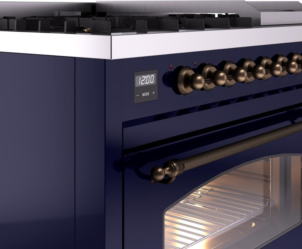 Nostalgie II 48 Inch Dual Fuel Natural Gas Freestanding Range in Blue with Bronze Trim