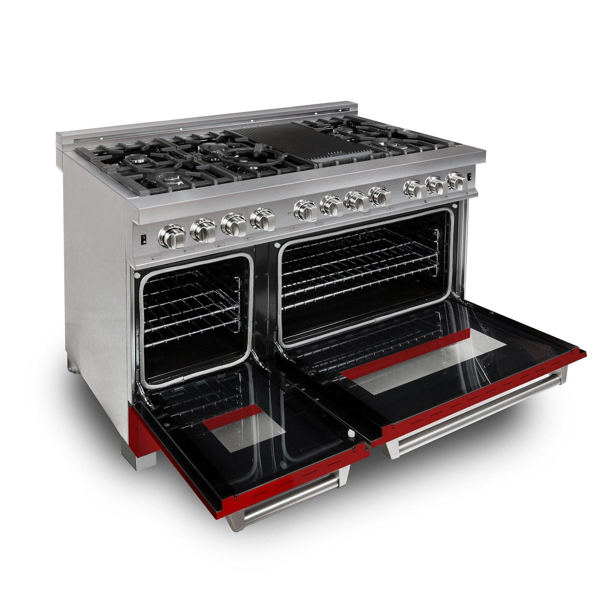 ZLINE 48 in. DuraSnow Stainless Steel 6.0 cu.ft. 7 Gas Burner/Electric Oven Range with Color Door Options (RAS-SN-48) [Color: Red Matte]