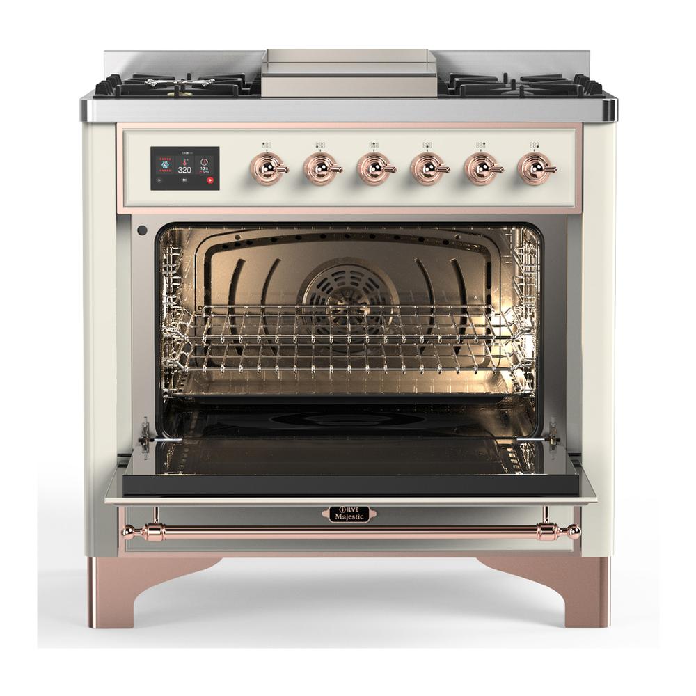 ILVE UM36FQNR3AWP Majestic III 36 inch Dual Fuel Range with 6 Black Brass Burners and Griddle, Dual Function Burner up to 25,000 BTU (Solid Door, Antique White, Copper, Natural Gas)