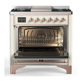 ILVE UM36FQNR3AWP Majestic III 36 inch Dual Fuel Range with 6 Black Brass Burners and Griddle, Dual Function Burner up to 25,000 BTU (Solid Door, Antique White, Copper, Natural Gas)