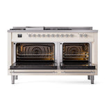 ILVE UN60FSNMPAWCLP Nostalgie II Noblesse 60 inch Dual Fuel Range (7 Sealed Burners + Griddle + French Top, Liquid Propane, Triple Glass Door, Antique White, Chrome)