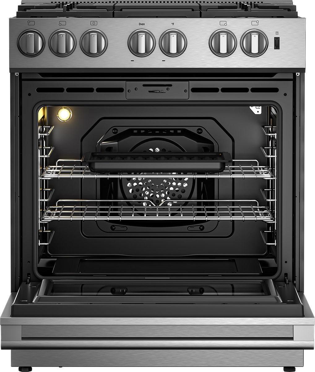 30in Dual Fuel 5 burner range with 5.7 cu ft self clean oven, slide-in style