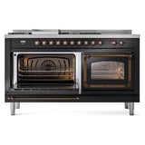 ILVE UN60FSNMPBKB Nostalgie II Noblesse 60 inch Dual Fuel Range (7 Sealed Burners + Griddle + French Top, Natural Gas, Triple Glass Door, Glossy Black, Burnished)