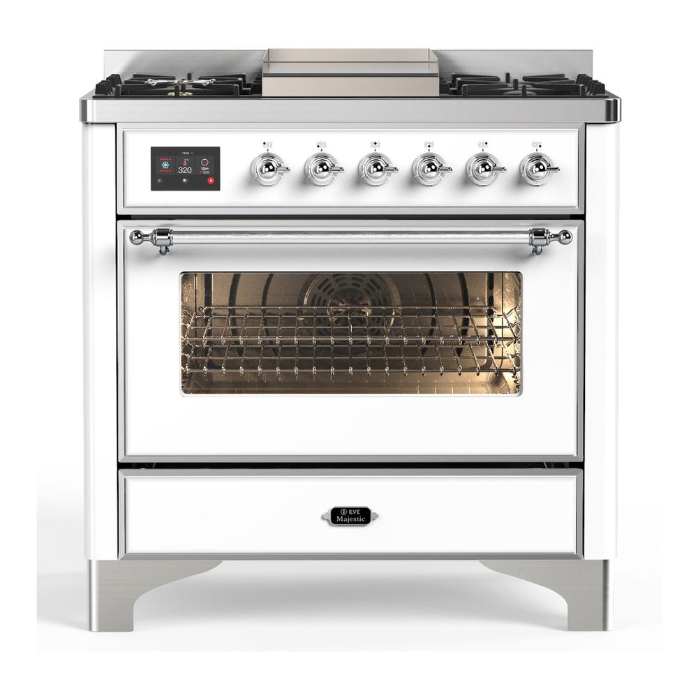 ILVE UM36FNR3WHC Majestic III 36 inch Dual Fuel Range with 6 Black Brass Burners and Griddle, Dual Function Burner up to 25,000 BTU (Triple Glass Door, White, Chrome, Natural Gas)