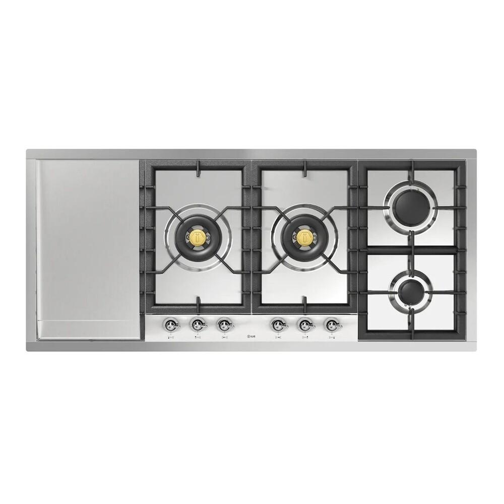 ILVE UHCPT125FNSSCLP Nostalgie II 48 inch Built-In Gas Cooktop with Total Black Brass Burners, in Stainless Steel (6 Sealed Burners + Left Griddle, Liquid Propane, Chrome)